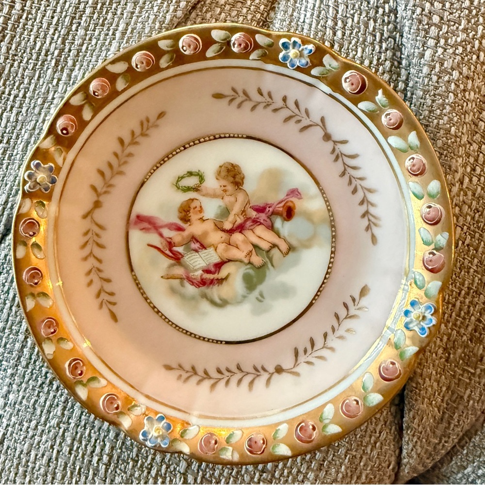 Lenwile Ardalt Hand Painted Cherub Trinket Ring Dish Saucer